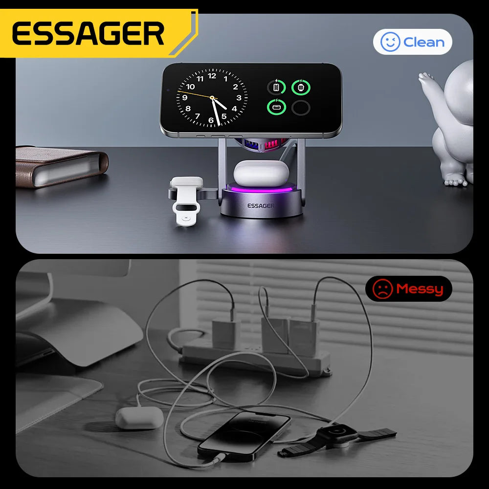ESSAGER charging station with clock and organizer on a desk, contrasting with a messy desk scene.