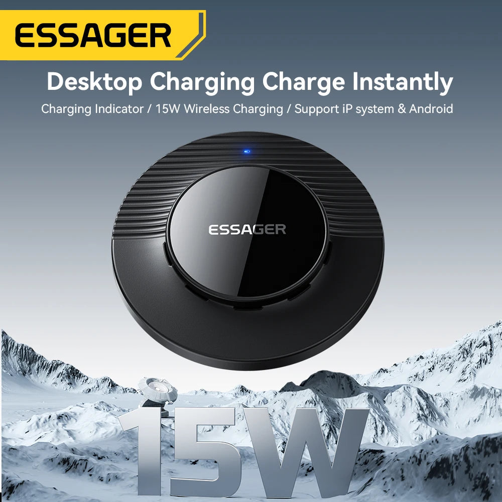 Essager 15W wireless desktop charging hub shown over a snowy mountain graphic with promotional text including 'Desktop Charging Charge Instantly' and '15W'.