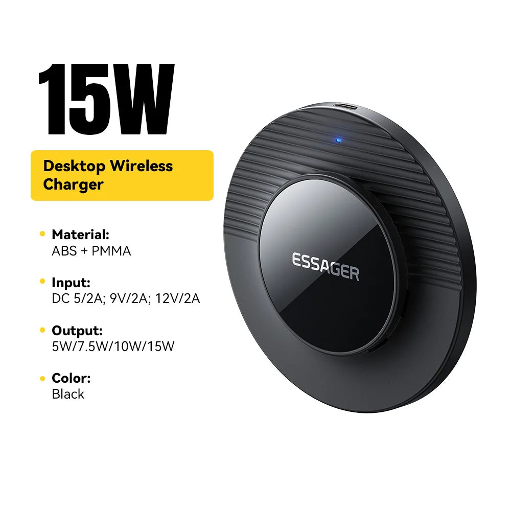 Black desktop wireless charger with Essager branding on a white background
