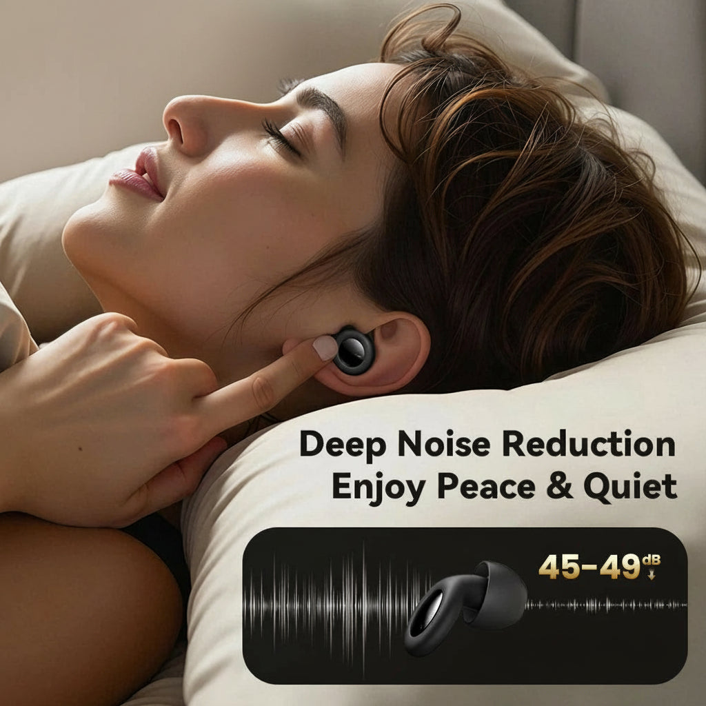 Woman wearing wireless earbuds with text about deep noise reduction and quietness
