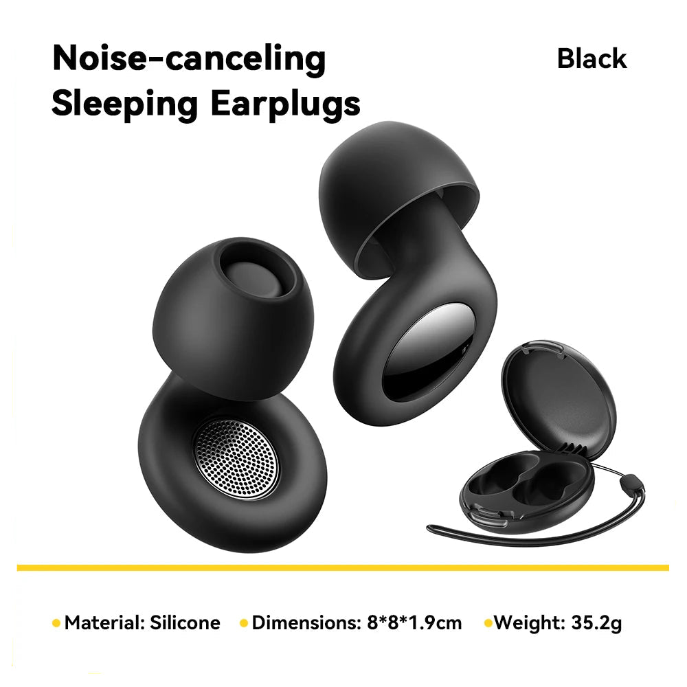 Black noise-canceling sleeping earplugs with packaging on a white background