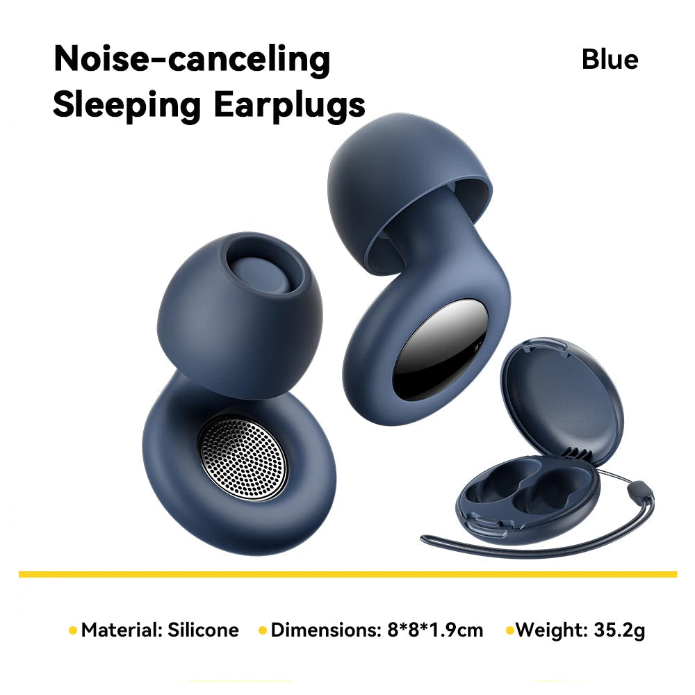 Blue noise-canceling sleeping earplugs with packaging on a white background